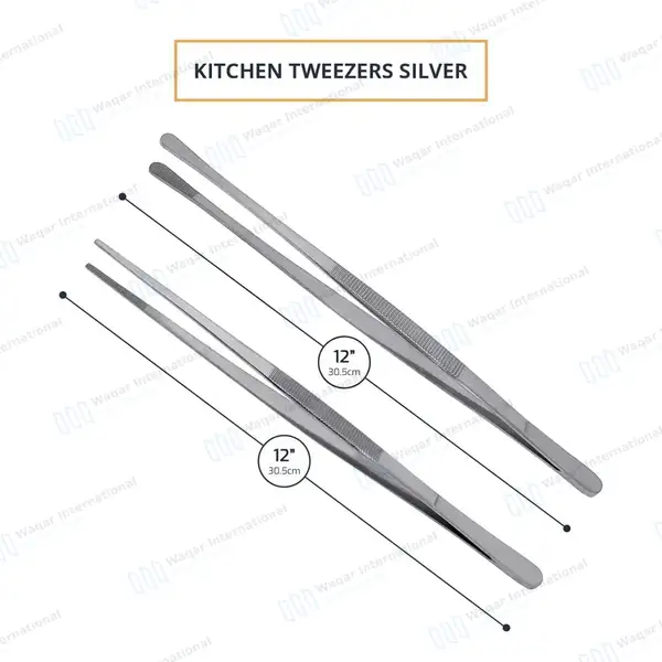 2 Pcs Kitchen Tweezer Tongs 12″ Straight & Round Tip BBQ Grill Tweezers – Silver - surgical instruments manufactured by Waqar International, Sialkot - view 3