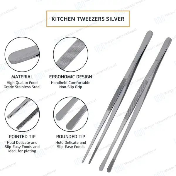 2 Pcs Kitchen Tweezer Tongs 12″ Straight & Round Tip BBQ Grill Tweezers – Silver - surgical instruments manufactured by Waqar International, Sialkot - view 4