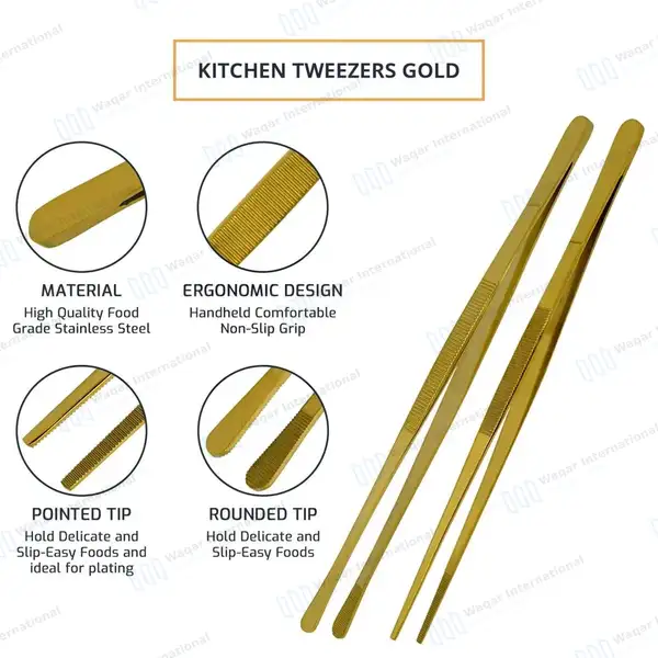2 Pcs Kitchen Tweezer Tongs 10″ Straight & Round Tip BBQ Grill Tweezers – Gold - surgical instruments manufactured by Waqar International, Sialkot - view 4