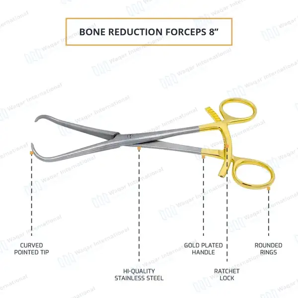 10 Bone Reduction Forceps 8″ Long Ratchet with Gold Plated Handle - surgical instruments manufactured by Waqar International, Sialkot - view 4