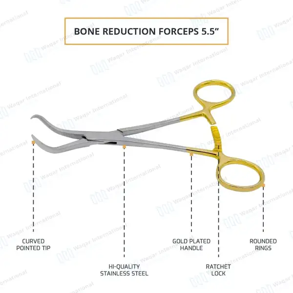 5 Pcs Bone Reduction Forceps Set 5.5″ Curved Pointed Tip Gold Handle - orthopedic instruments manufactured by Waqar International, Sialkot - view 4