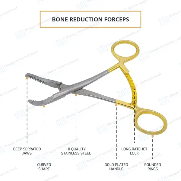 10 Bone Reduction Forceps 5½” Curved Serrated Jaws – Gold Handle - orthopedic instruments manufactured by Waqar International, Sialkot - view 4