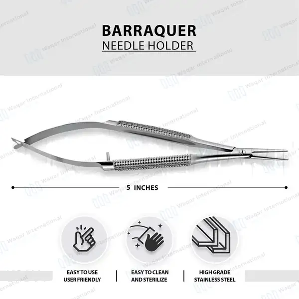 Barraquer Needle Holder 5″ Straight Smooth Jaws without Lock - surgical instruments manufactured by Waqar International, Sialkot - view 3
