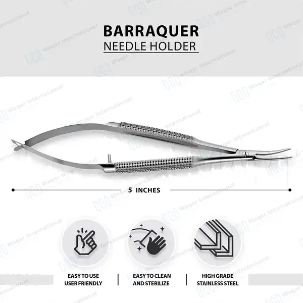 Barraquer Needle Holder 5″ Curved Smooth Jaws without Lock - surgical instruments manufactured by Waqar International, Sialkot - view 3