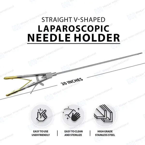 Laparoscopic Needle Holder 5x330mm Straight Jaws V-Shaped Gold Handle - surgical instruments manufactured by Waqar International, Sialkot - view 3