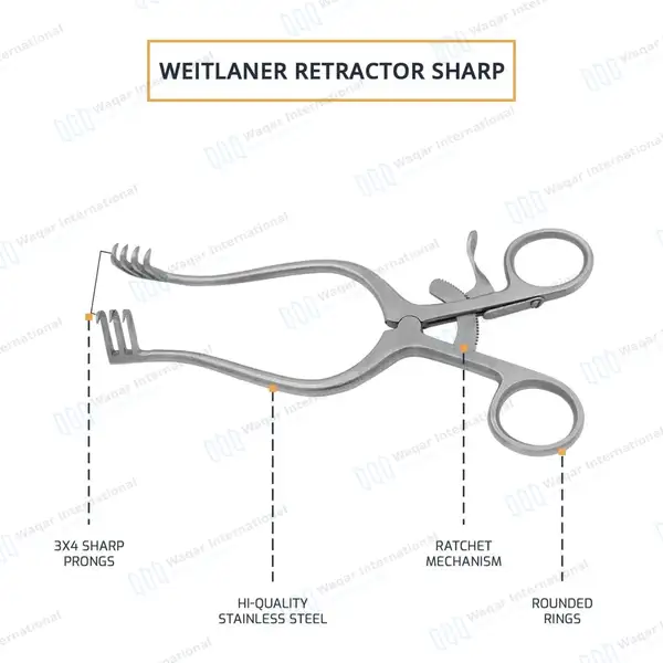 Weitlaner Retractor 3X4 Prong Sharp 6.5″ - surgical instruments manufactured by Waqar International, Sialkot - view 4