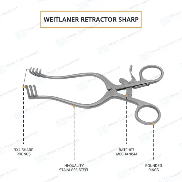 Weitlaner Retractor 3X4 Prong Sharp 8″ - surgical instruments manufactured by Waqar International, Sialkot - view 4