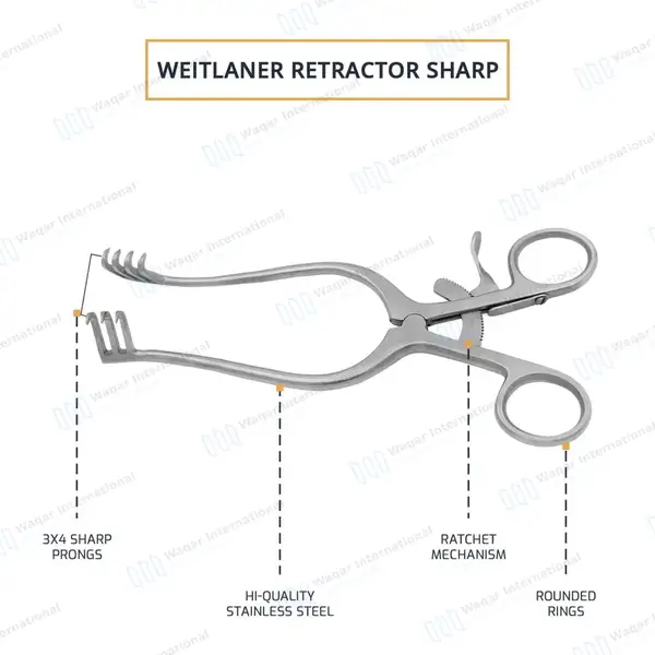 Weitlaner Retractor 3X4 Prong Sharp 9.5″ - surgical instruments manufactured by Waqar International, Sialkot - view 3