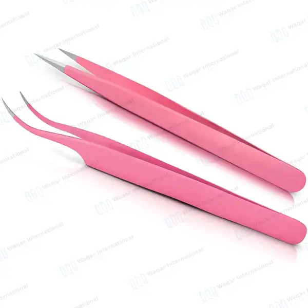 2 Pcs Eyelash Extension Tweezers Set Straight & Curved Pointed Tips – Pink - surgical instruments manufactured by Waqar International, Sialkot - view 2