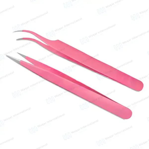 2 Pcs Eyelash Extension Tweezers Set Straight & Curved Pointed Tips – Pink - surgical instruments manufactured by Waqar International, Sialkot - view 8