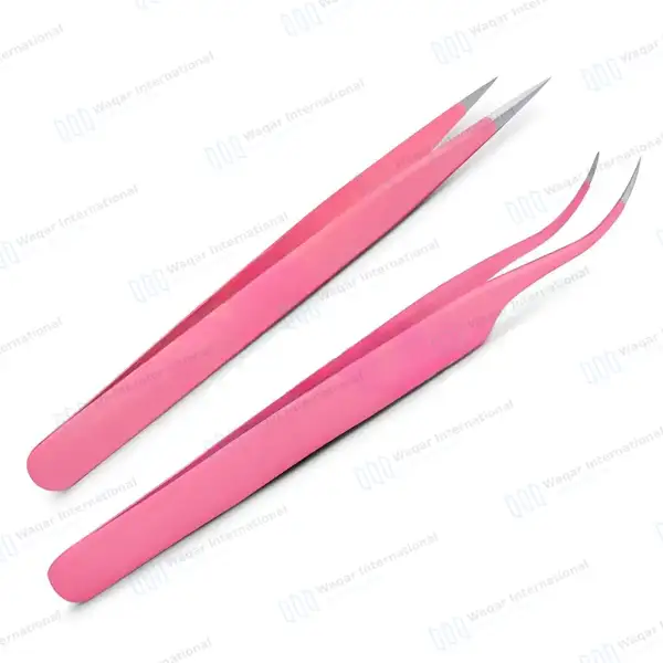 2 Pcs Eyelash Extension Tweezers Set Straight & Curved Pointed Tips – Pink - surgical instruments manufactured by Waqar International, Sialkot - view 9