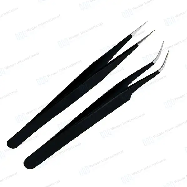 2 Pcs Eyelash Extension Tweezers Set Straight & Curved Pointed Tips – Black - surgical instruments manufactured by Waqar International, Sialkot - view 2
