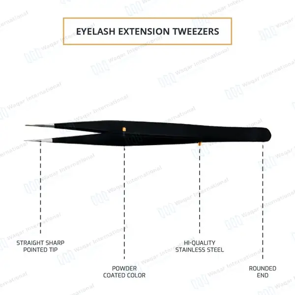 2 Pcs Eyelash Extension Tweezers Set Straight & Curved Pointed Tips – Black - surgical instruments manufactured by Waqar International, Sialkot - view 4