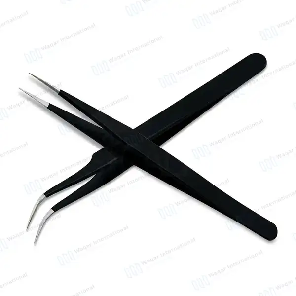2 Pcs Eyelash Extension Tweezers Set Straight & Curved Pointed Tips – Black - surgical instruments manufactured by Waqar International, Sialkot - view 6