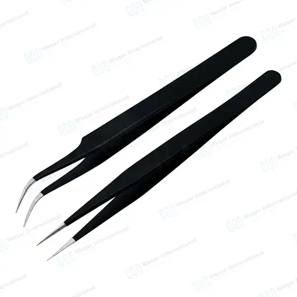 2 Pcs Eyelash Extension Tweezers Set Straight & Curved Pointed Tips – Black - surgical instruments manufactured by Waqar International, Sialkot - view 7
