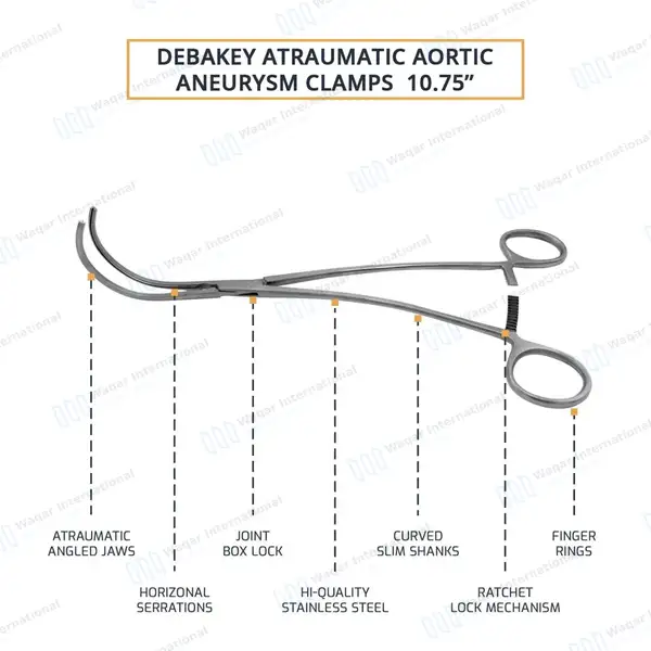 Debakey Atraumatic Aortic Aneurysm Clamps 10.75″ Full Curved 111mm Jaws - surgical instruments manufactured by Waqar International, Sialkot - view 4