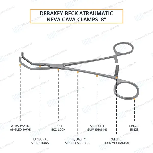 Debakey Beck Atraumatic Vena-Cava Clamp 8″ Double Angled 65mm Jaws - surgical instruments manufactured by Waqar International, Sialkot - view 3