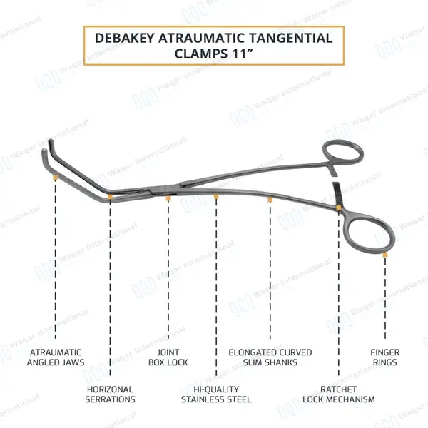 DeBakey Tangential Occlusion Clamps 11″ Double Angled 75mm Long x 17mm Deep Jaws - surgical instruments manufactured by Waqar International, Sialkot - view 4