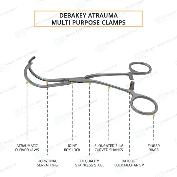 Debakey Atraumatic Multi-Purpose Clamps 6.75″ Curved Downwards 78mm Jaws - surgical instruments manufactured by Waqar International, Sialkot - view 4