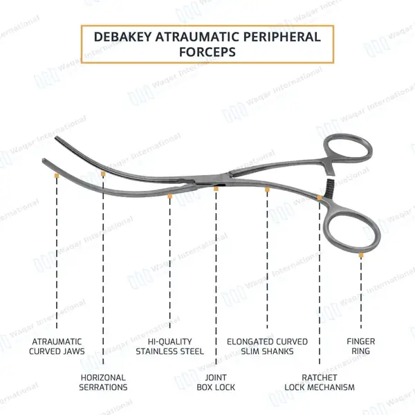 Debakey Peripheral Vascular Clamps 8″ Curved 93mm Atraumatic Jaws - surgical instruments manufactured by Waqar International, Sialkot - view 4