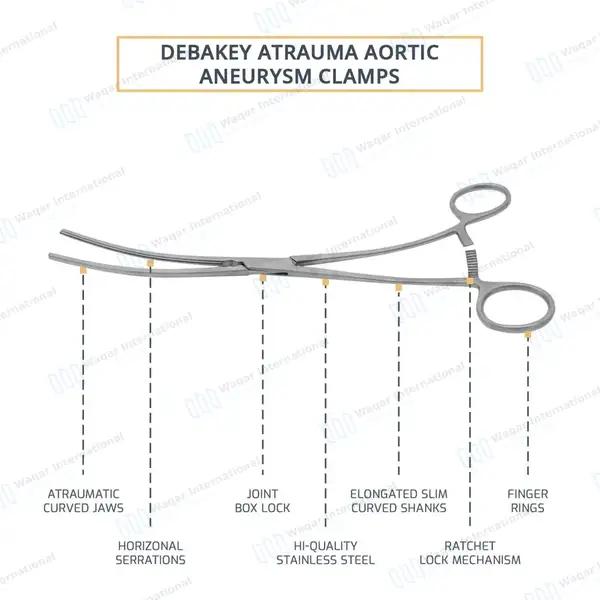 Debakey Aortic Aneurysm Clamp 10″ Curved 95mm Atraumatic 1×2 Teeth Jaws - surgical instruments manufactured by Waqar International, Sialkot - view 4
