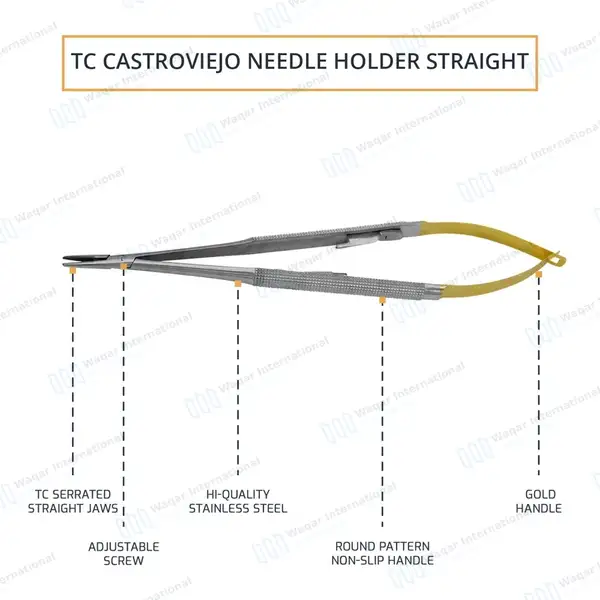 T/C Castroviejo Needle Holder 5.5″ Straight Serrated Tip with Lock - surgical instruments manufactured by Waqar International, Sialkot - view 4