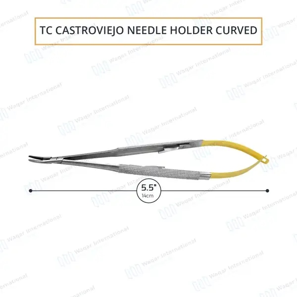 T/C Castroviejo Needle Holder 5.5″ Curved Serrated Tip with Lock - surgical instruments manufactured by Waqar International, Sialkot - view 2