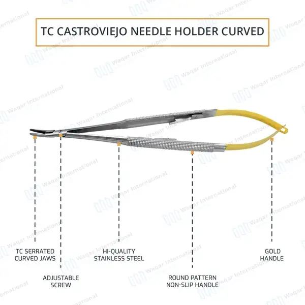 T/C Castroviejo Needle Holder 5.5″ Curved Serrated Tip with Lock - surgical instruments manufactured by Waqar International, Sialkot - view 3