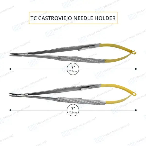 2 Pcs T/C Castroviejo Needle Holder 7″ Straight & Curved Serrated - surgical instruments manufactured by Waqar International, Sialkot - view 4