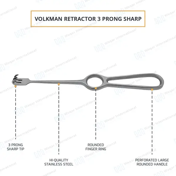 Volkman Retractor 8.5″ Ring Handle with 3 Sharp Prongs - surgical instruments manufactured by Waqar International, Sialkot - view 4