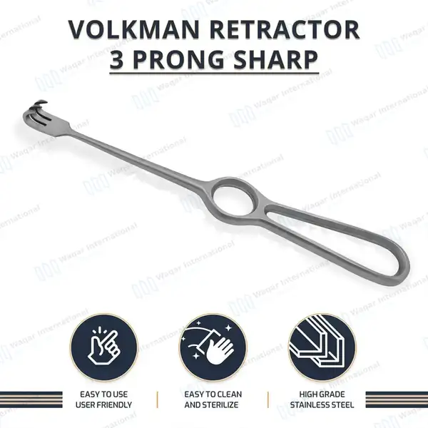 Volkman Retractor 8.5″ Ring Handle with 3 Sharp Prongs - surgical instruments manufactured by Waqar International, Sialkot - view 8
