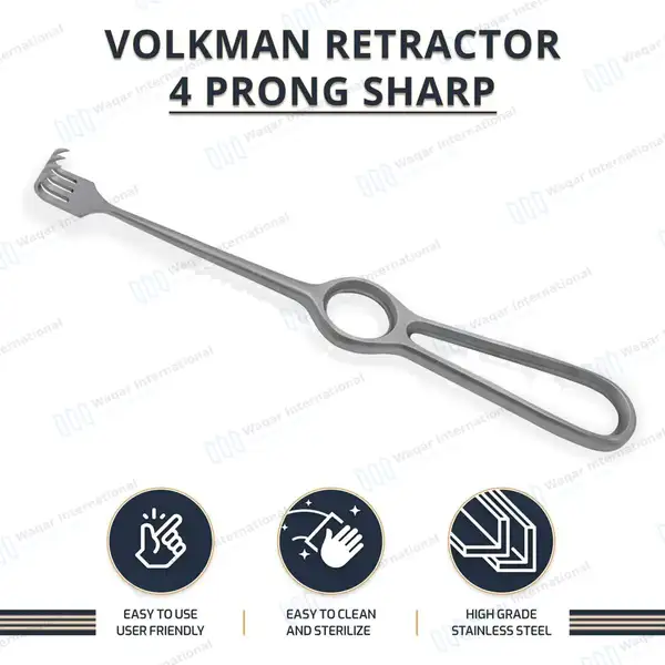 Volkman Retractor 8.5″ Ring Handle with 4 Sharp Prongs - surgical instruments manufactured by Waqar International, Sialkot - view 8