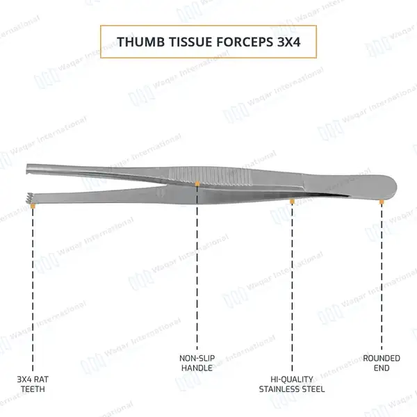 Thumb Tissue Forceps 3×4 Teeth 5.5″ - surgical instruments manufactured by Waqar International, Sialkot - view 4