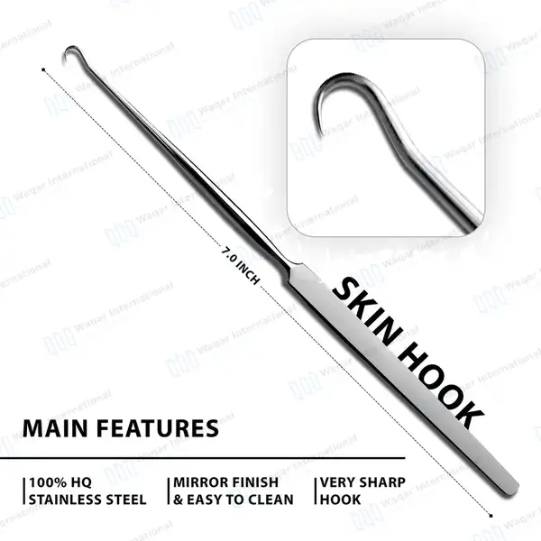 Gillies Skin Hook 7″ Large 4mm Dia Sharp Round Tip - surgical instruments manufactured by Waqar International, Sialkot - view 3