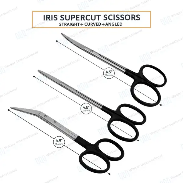 3 Pcs Supercut Iris Scissors 4.5″ (11.4cm) Straight+Curved+Angled - surgical instruments manufactured by Waqar International, Sialkot - view 2
