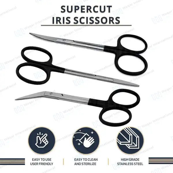 3 Pcs Supercut Iris Scissors 4.5″ (11.4cm) Straight+Curved+Angled - surgical instruments manufactured by Waqar International, Sialkot - view 4