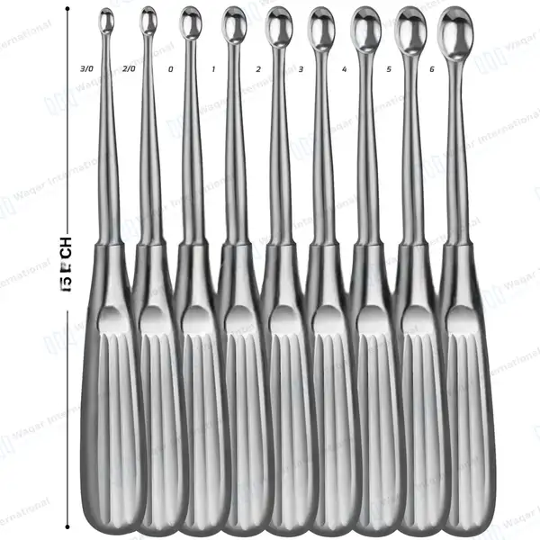 9 Pcs Spratt Brun Bone Curettes Set  6.5″ Oval Cups Size #3/0 – #6 - surgical instruments manufactured by Waqar International, Sialkot - view 4