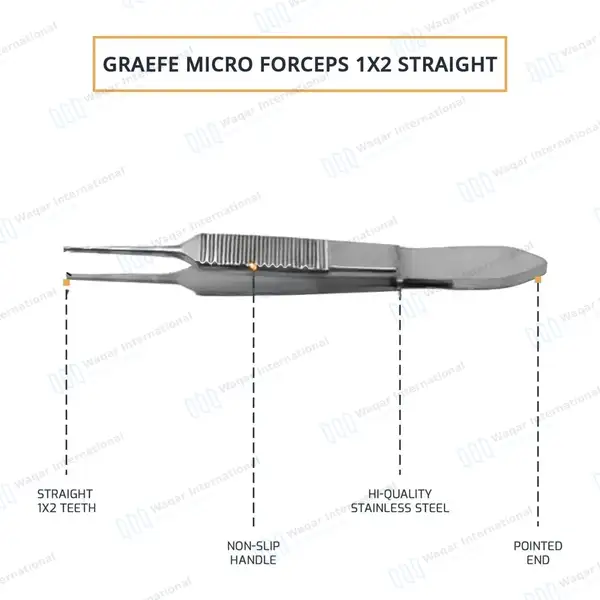 Graefe Iris Forceps 3″ (7.6cm) Straight 1×2 Teeth - surgical instruments manufactured by Waqar International, Sialkot - view 4
