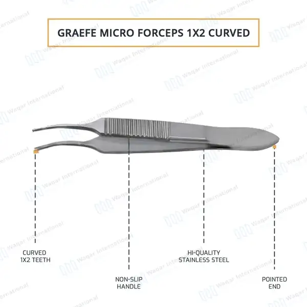 Graefe Iris Forceps 3″ (7.6cm) Curved 1×2 Teeth - surgical instruments manufactured by Waqar International, Sialkot - view 4