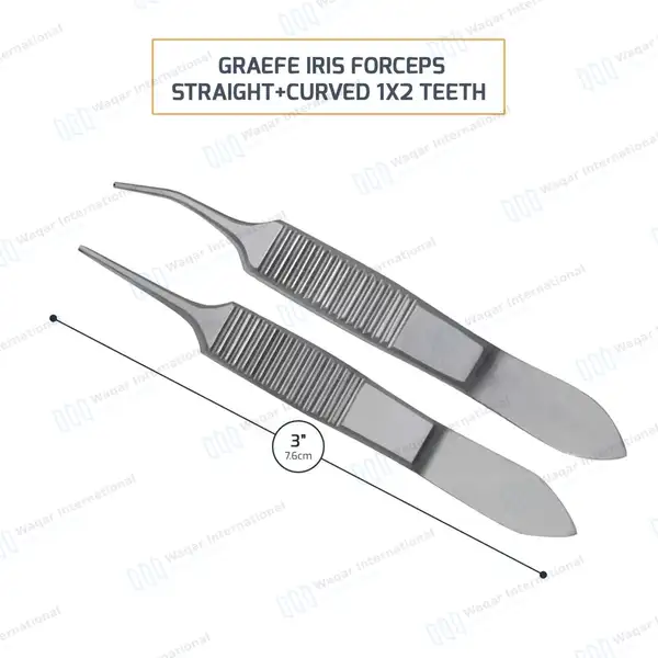 2 Pcs Graefe Iris Forceps Set 3″ Straight & Curved 1×2 Teeth - surgical instruments manufactured by Waqar International, Sialkot - view 3