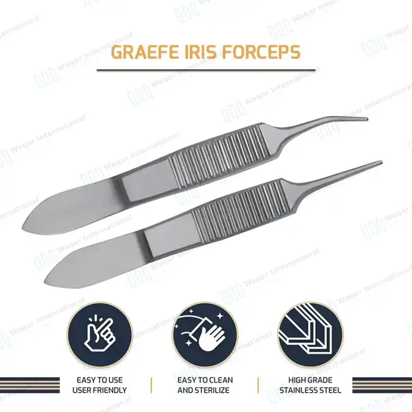 2 Pcs Graefe Iris Forceps Set 3″ Straight & Curved 1×2 Teeth - surgical instruments manufactured by Waqar International, Sialkot - view 6