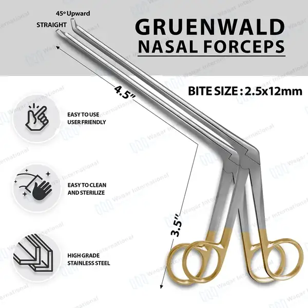 2 Gruenwald Nasal Forceps Set 4.5″ Shaft Thru-cut 2.5x12mm Oval Bite Gold Handle - surgical instruments manufactured by Waqar International, Sialkot - view 3