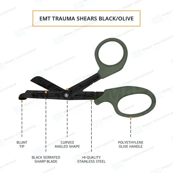 EMT Trauma Shears 7.25″ Black Blades Olive Drab Handle - surgical instruments manufactured by Waqar International, Sialkot - view 4