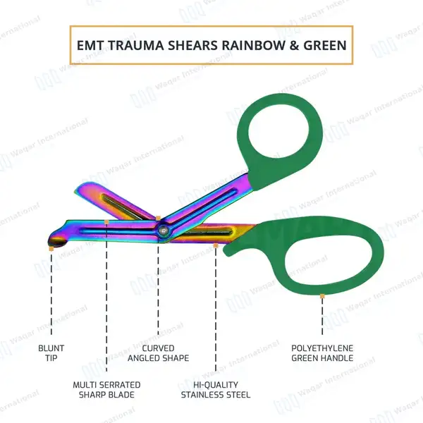 Rainbow Blades EMT Scissors 7.25″ (18.4cm) Green Handle - surgical instruments manufactured by Waqar International, Sialkot - view 3