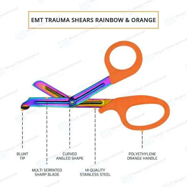 Rainbow Blades EMT Scissors 7.25″ (18.4cm) Orange Handle - surgical instruments manufactured by Waqar International, Sialkot - view 4