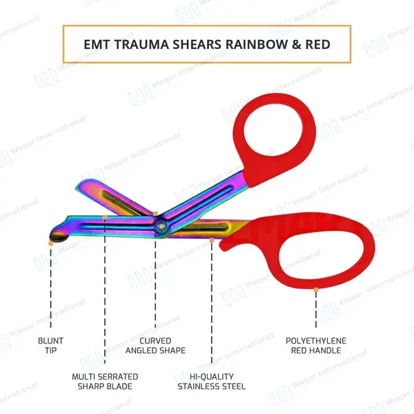 Rainbow Blades EMT Scissors 7.25″ (18.4cm) Red Handle - surgical instruments manufactured by Waqar International, Sialkot - view 4