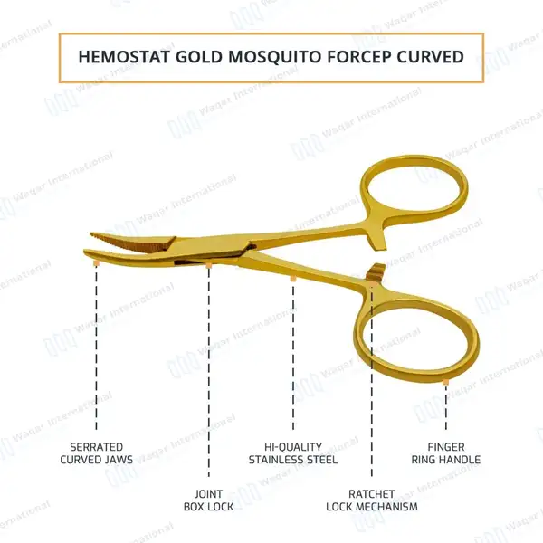 Hartmann Mosquito Forceps 3.5″ (8.9cm) Curved Gold Plated - surgical instruments manufactured by Waqar International, Sialkot - view 4