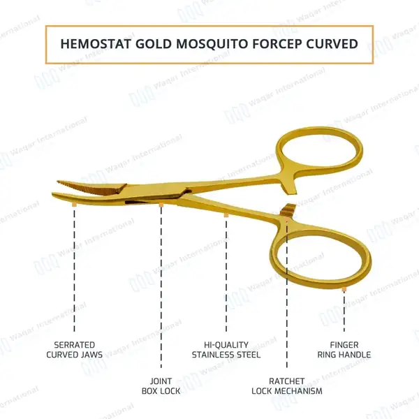 Halsted Mosquito Forceps 5″ (12.7cm) Curved Gold Plated - surgical instruments manufactured by Waqar International, Sialkot - view 4