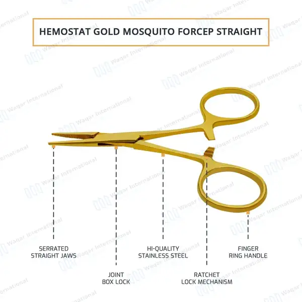 Hartmann Mosquito Forceps 3.5″ (8.9cm) Straight Gold Plated - surgical instruments manufactured by Waqar International, Sialkot - view 4