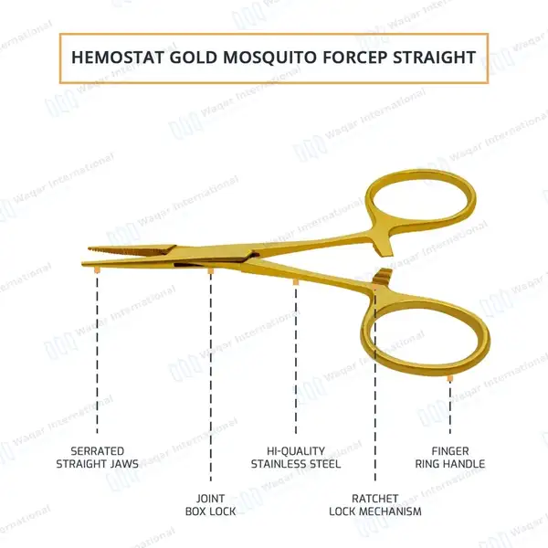 Halsted Mosquito Forceps 5″ (12.7cm) Straight Gold Plated - surgical instruments manufactured by Waqar International, Sialkot - view 4